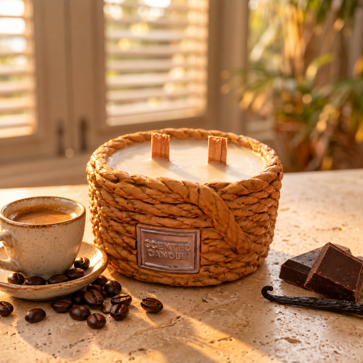 Café Noir rope-basket candle with espresso, coffee beans and dark chocolate