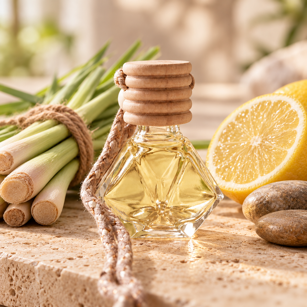 Lemongrass hanging car diffuser with wood cap and braided cord