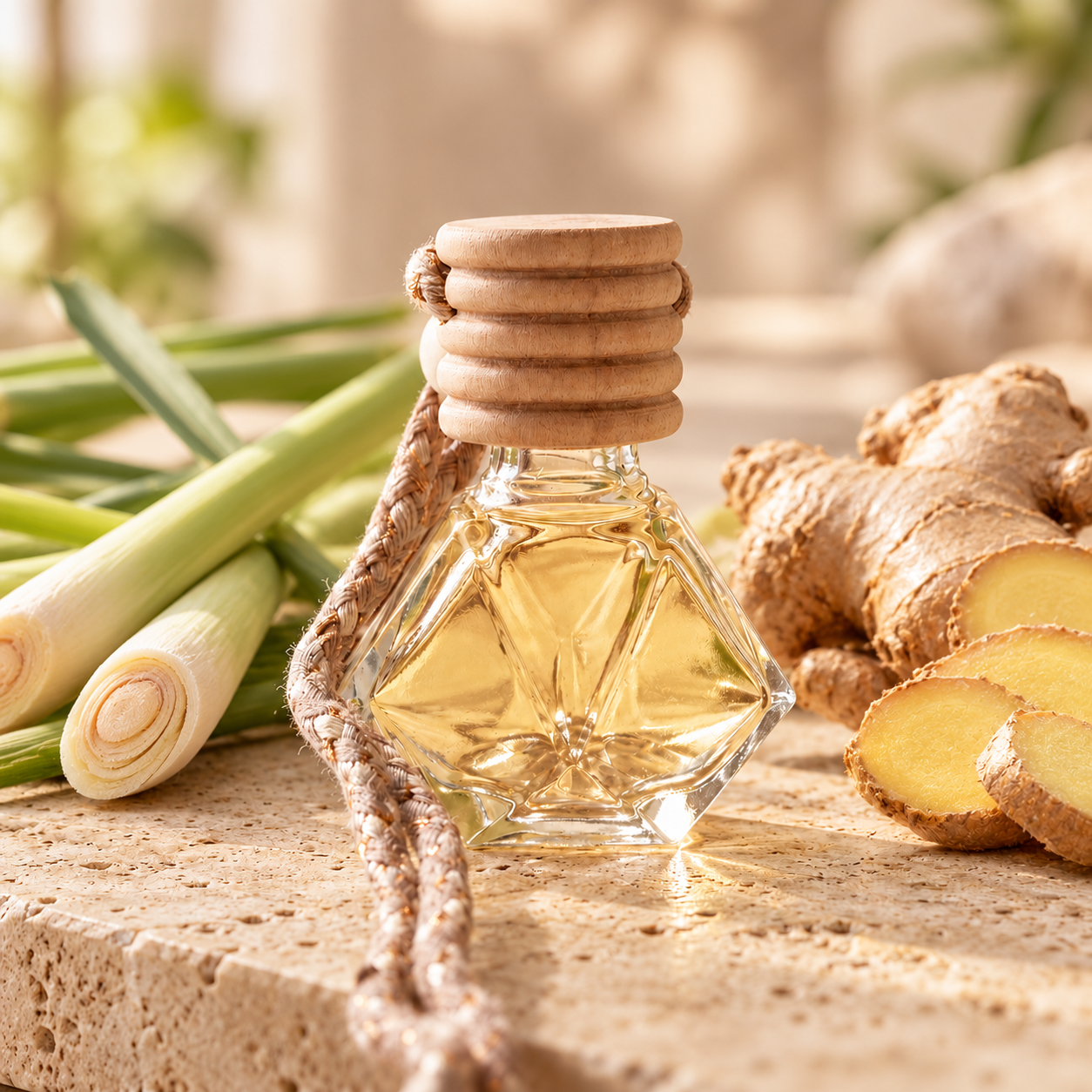 Lemongrass and Ginger hanging car diffuser with wood cap and braided cord