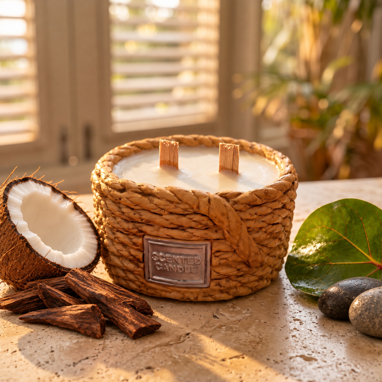 Mahogany Coconut rope-basket candle with halved coconut and sea grape leaf