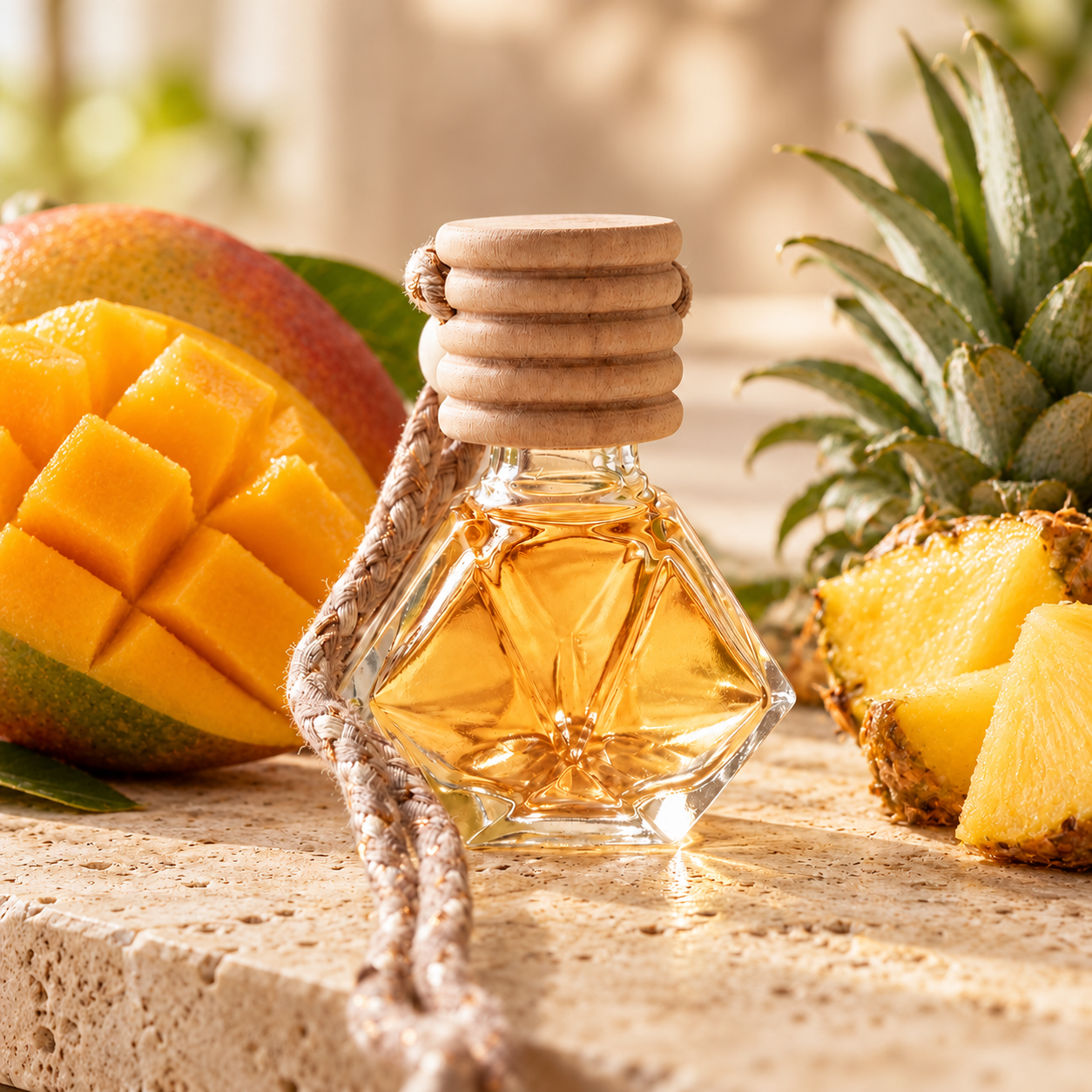 Mango Pineapple hanging car diffuser with wood cap and braided cord