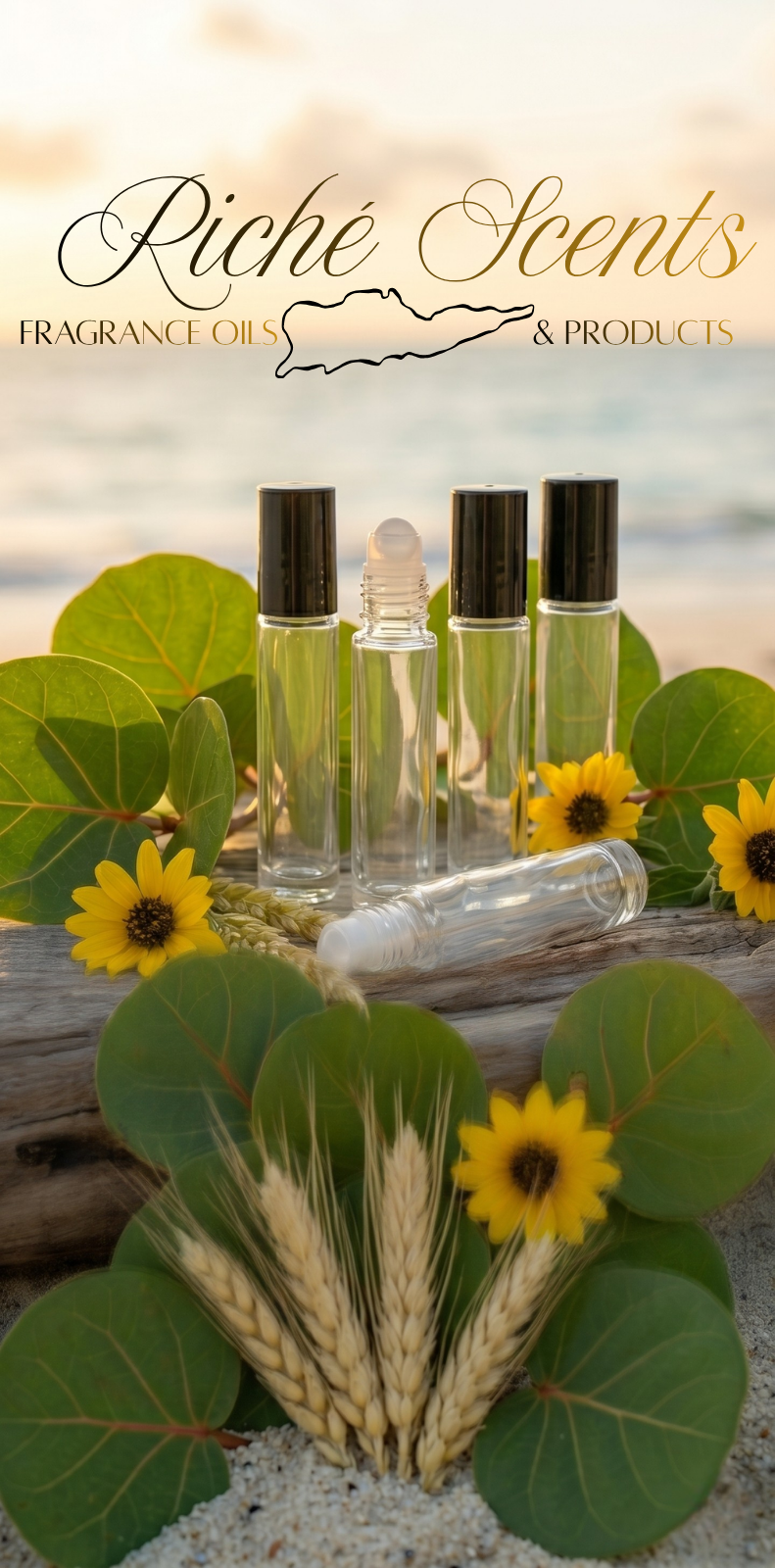 Roll-on bottles with black caps on a wooden surface with sunflowers and green leaves, branded as Riché Scents.