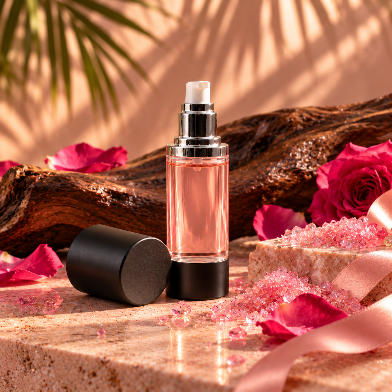 Pink Mahogany Moisturizing Body Oil in a 1oz airless pump bottle