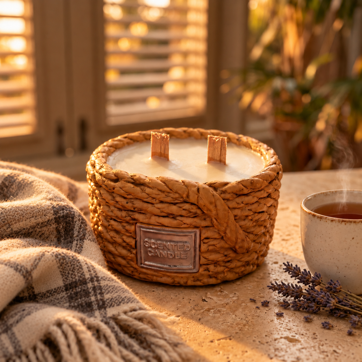 Quiet Hour rope-basket candle with plaid flannel throw and tea