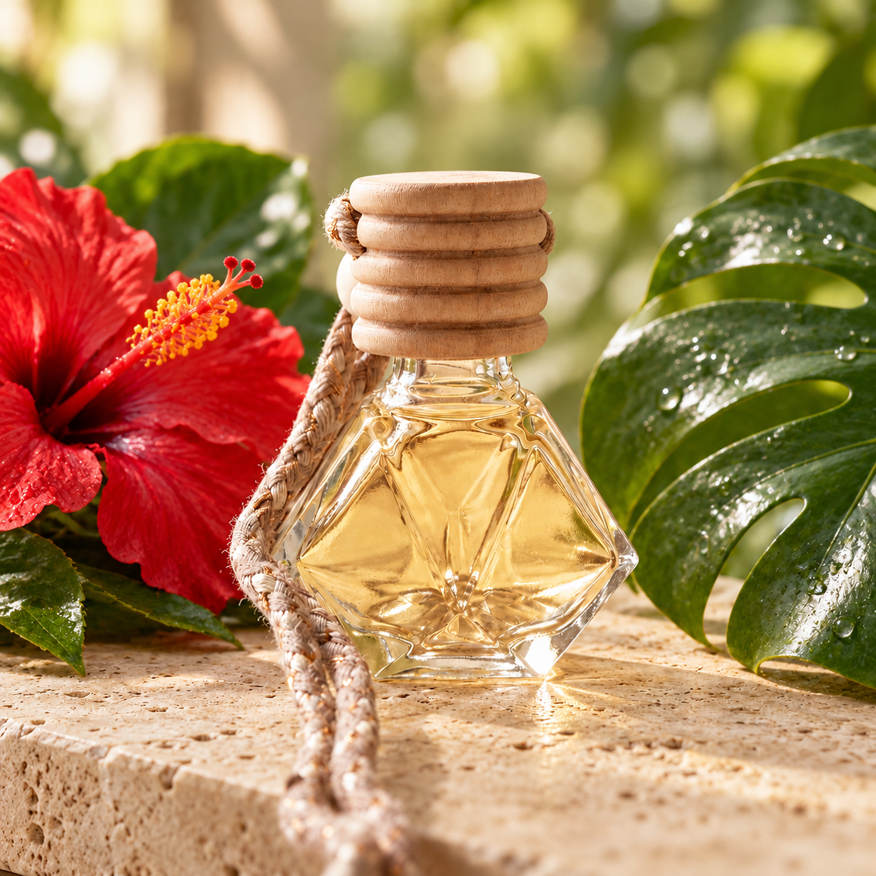 Rainforest Hibiscus hanging car diffuser with wood cap and braided cord