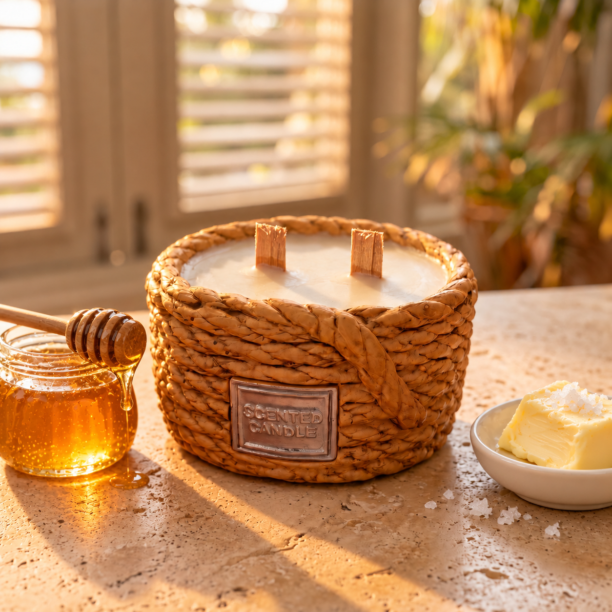 Salted Gold rope-basket candle with honey jar and butter