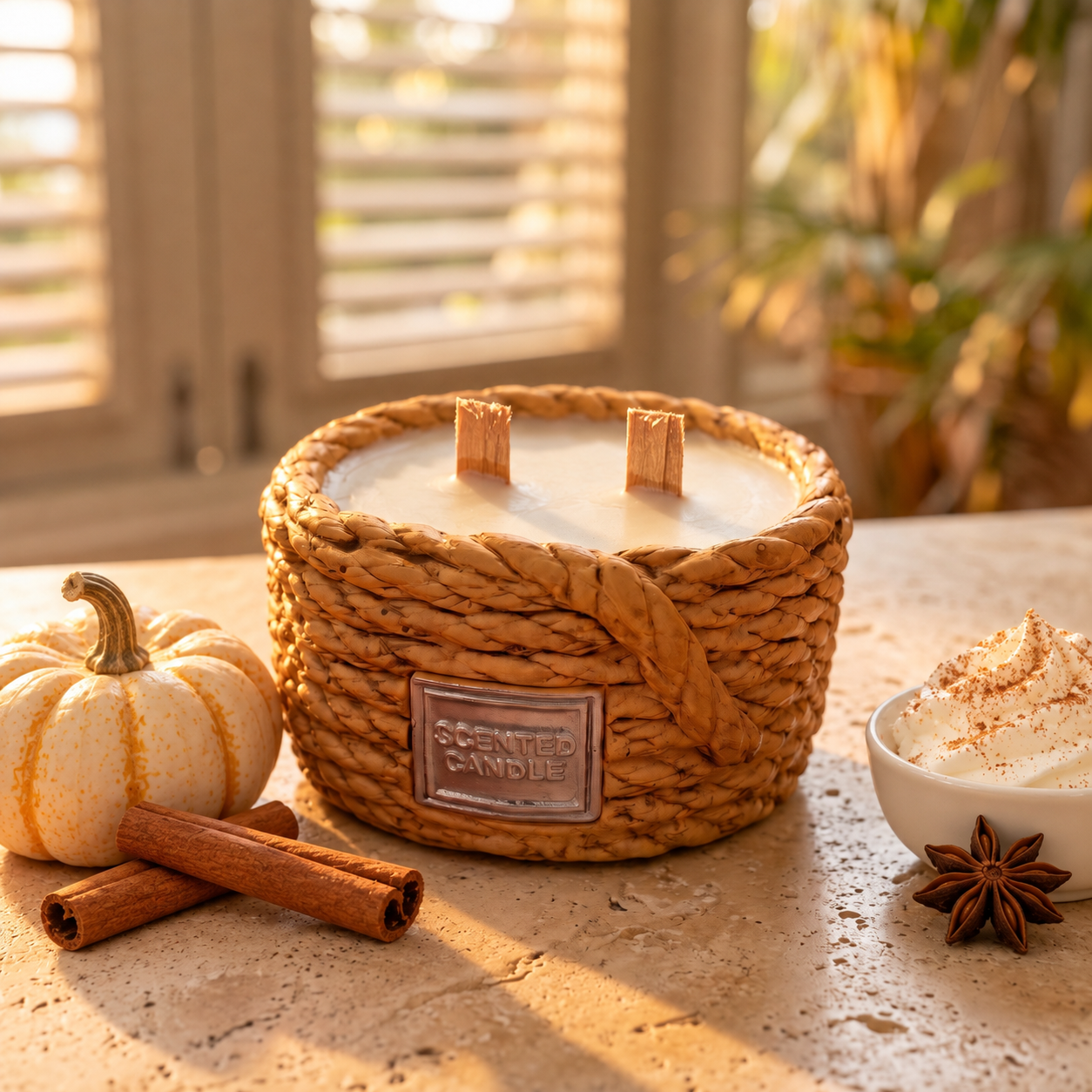 Spiced Pumpkin Cream rope-basket candle with pumpkin, cinnamon and whipped cream