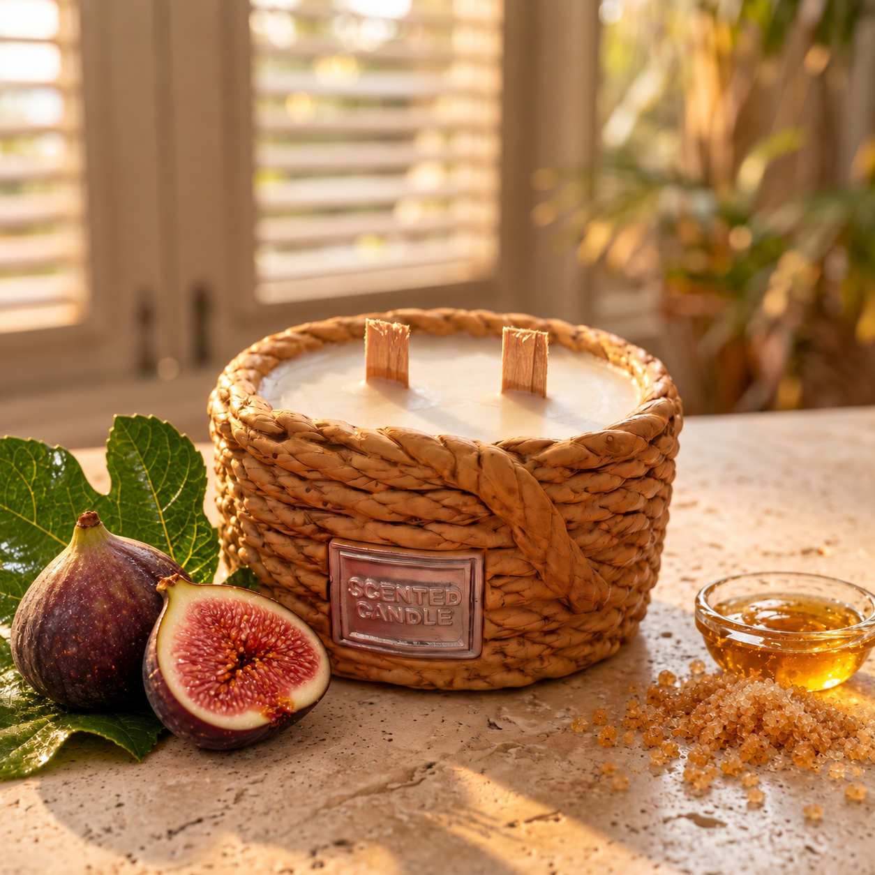 Sugared Fig rope-basket candle with ripe figs, brown sugar and honey