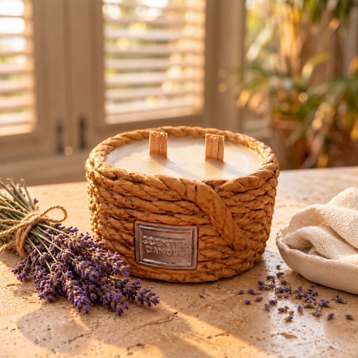 Lavender rope-basket candle with fresh lavender bundle and linen